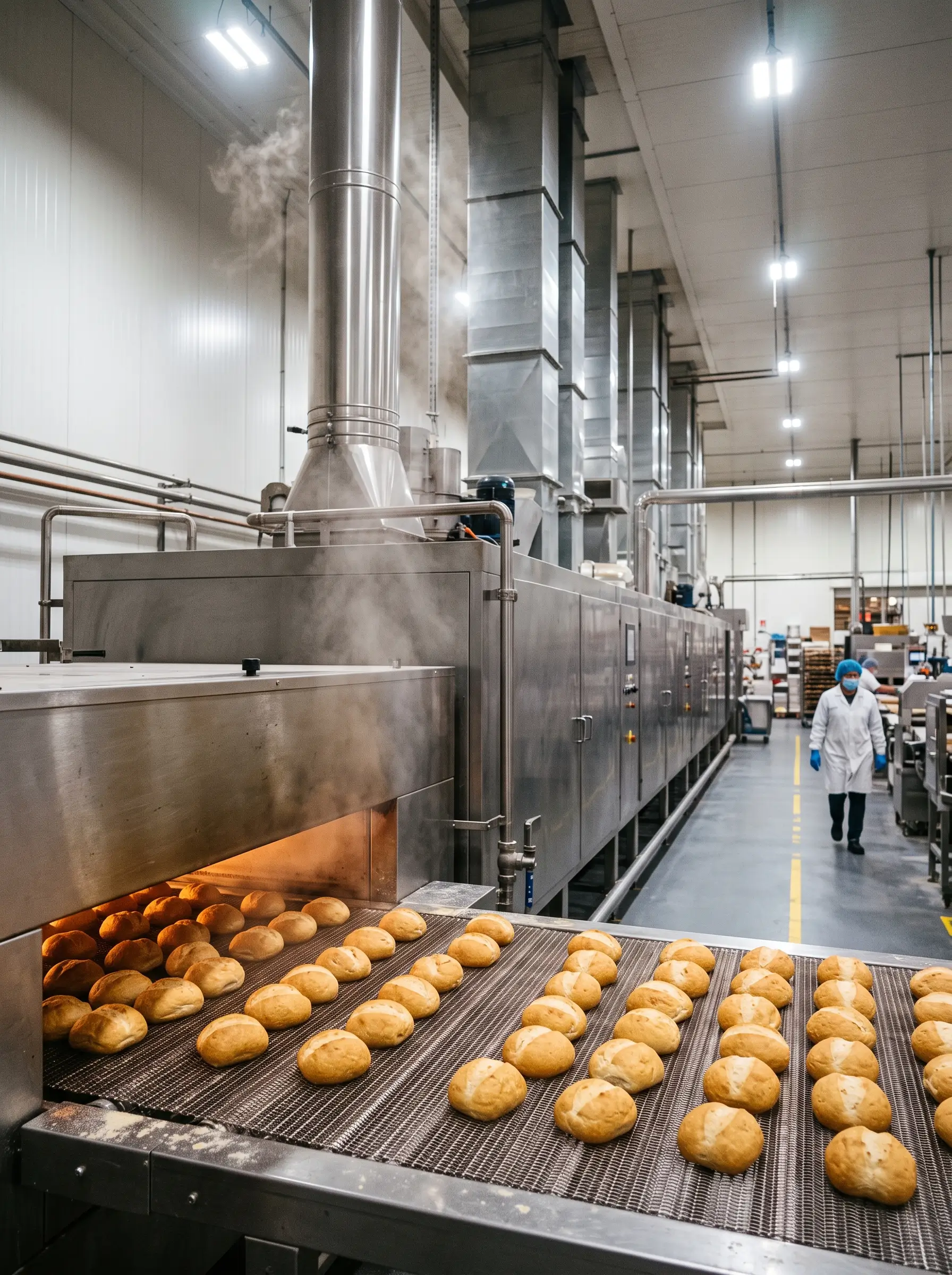 Bread rolls leaving a tunnel oven in a food plant