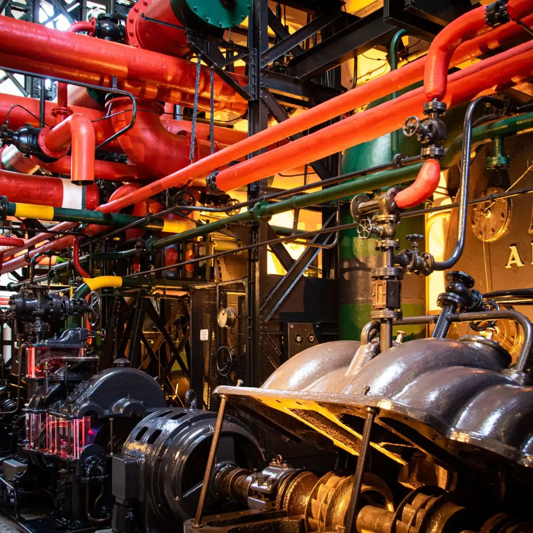Industrial piping and machinery in a plant room