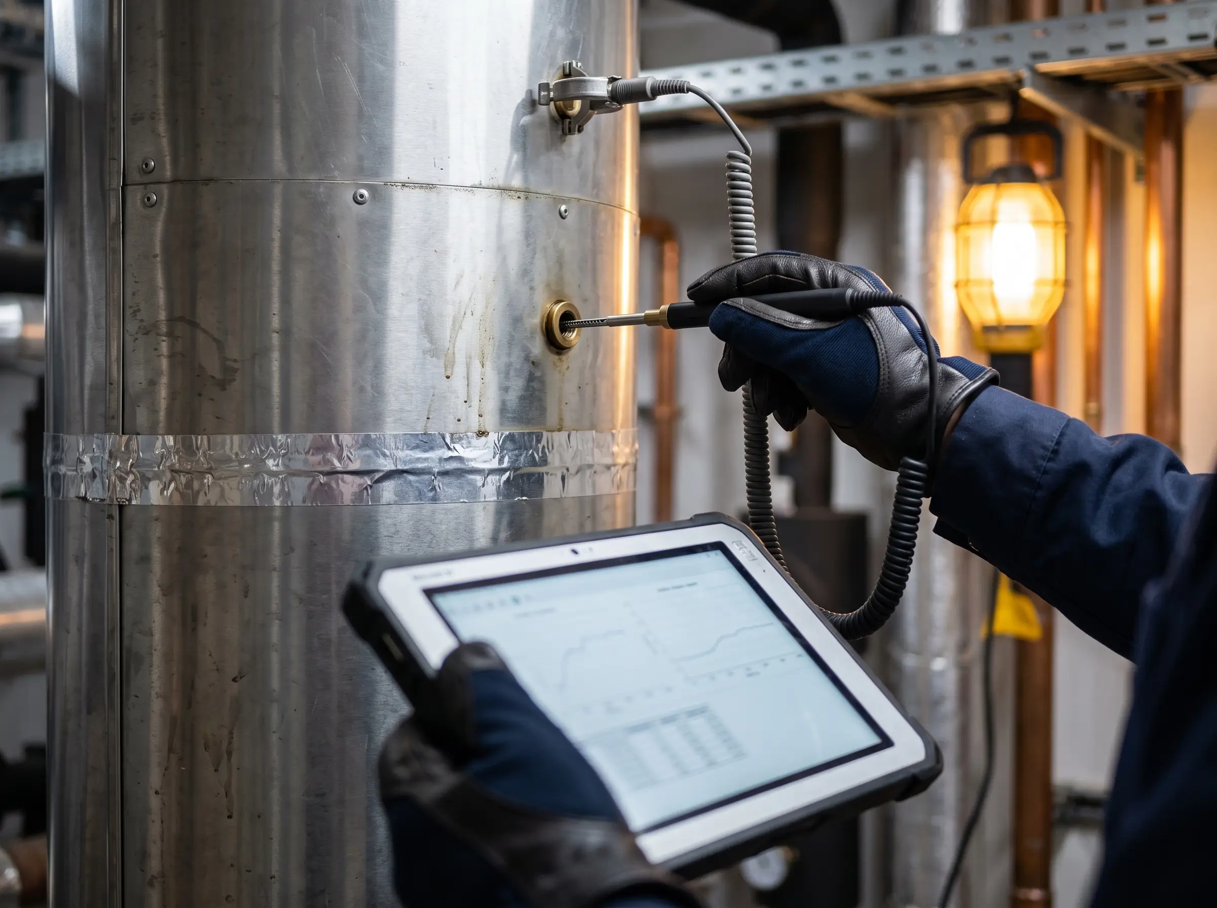 Engineer inserting an anemometer probe into exhaust ductwork
