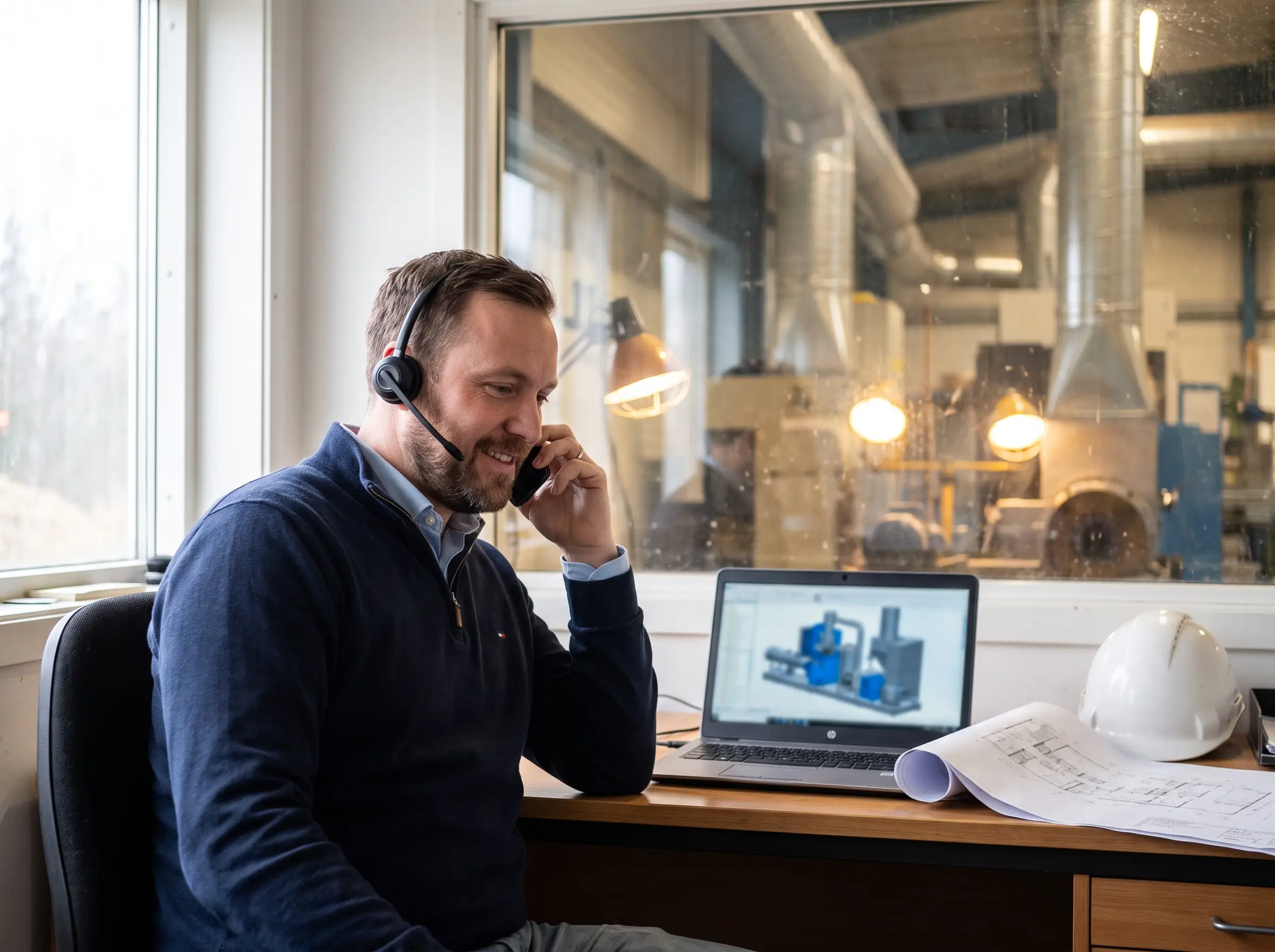 Engineer on the phone at a desk with plans and a laptop