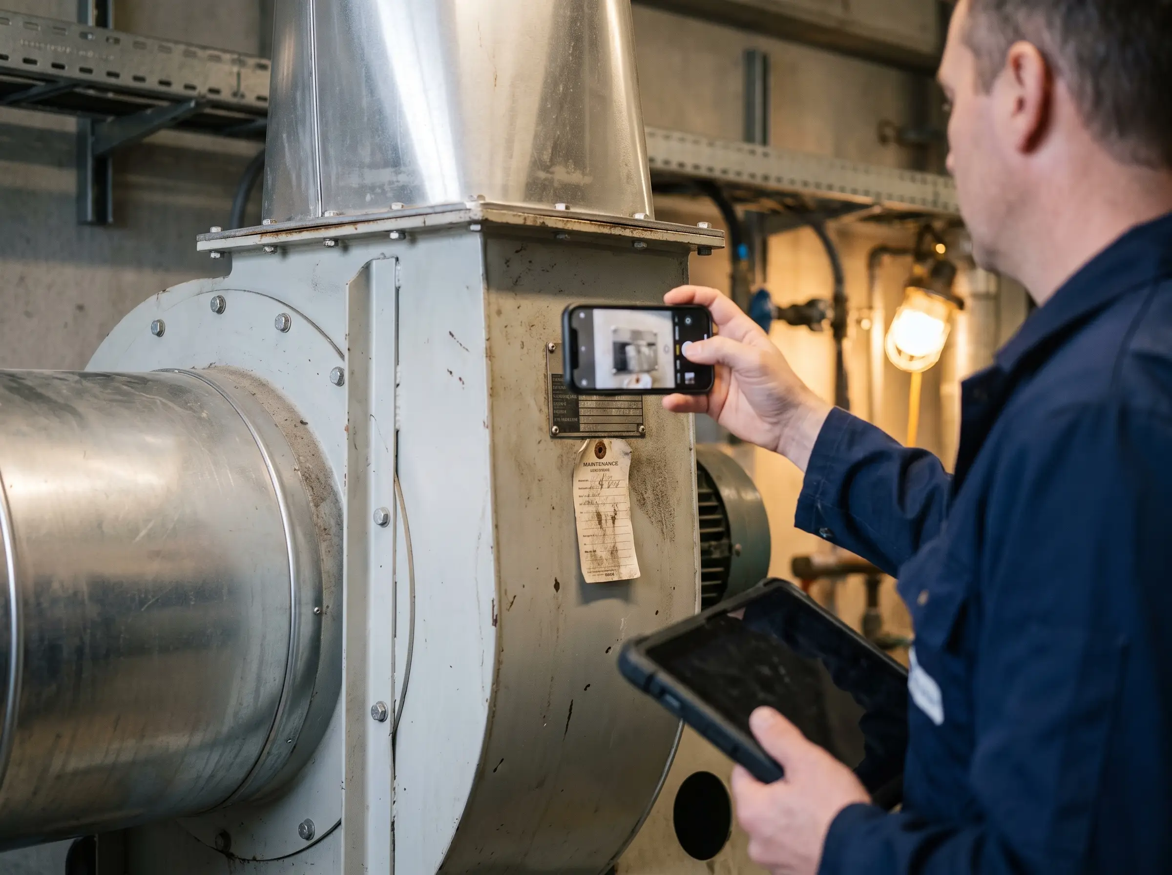 Facility manager photographing exhaust equipment for an opportunity screen