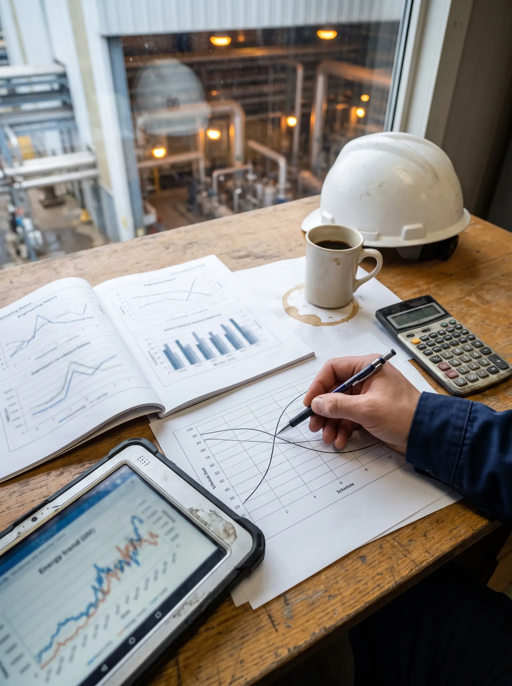 Hand pointing at an engineering report