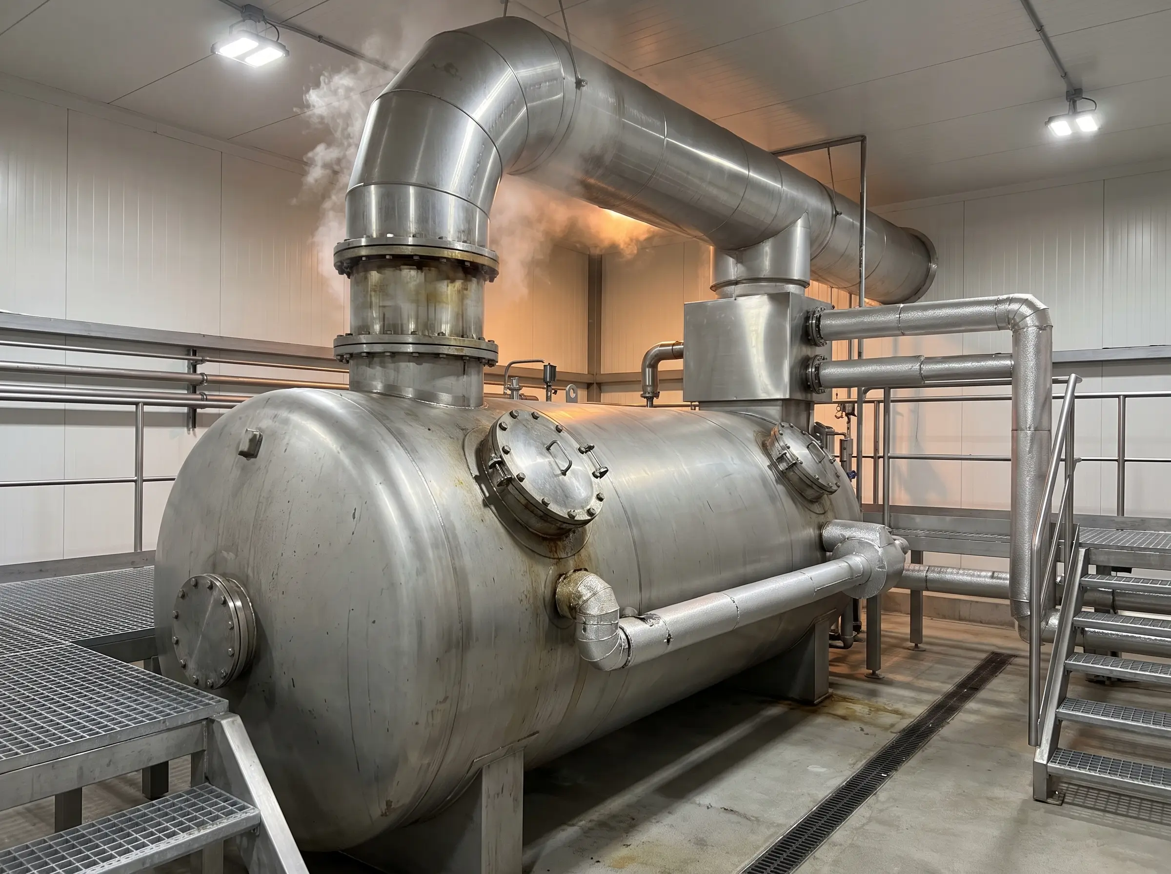 Industrial cooker vessel releasing steam