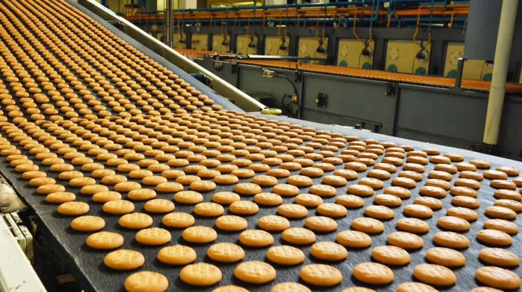 Pancakes on a production line.