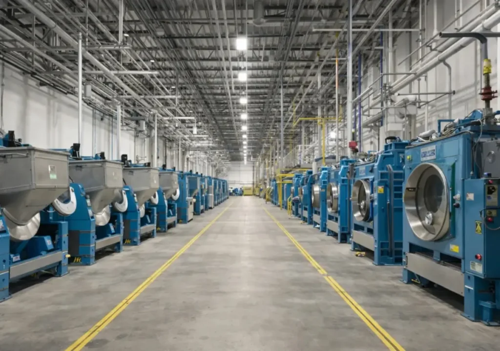 Rows of industrial washers in a laundry.