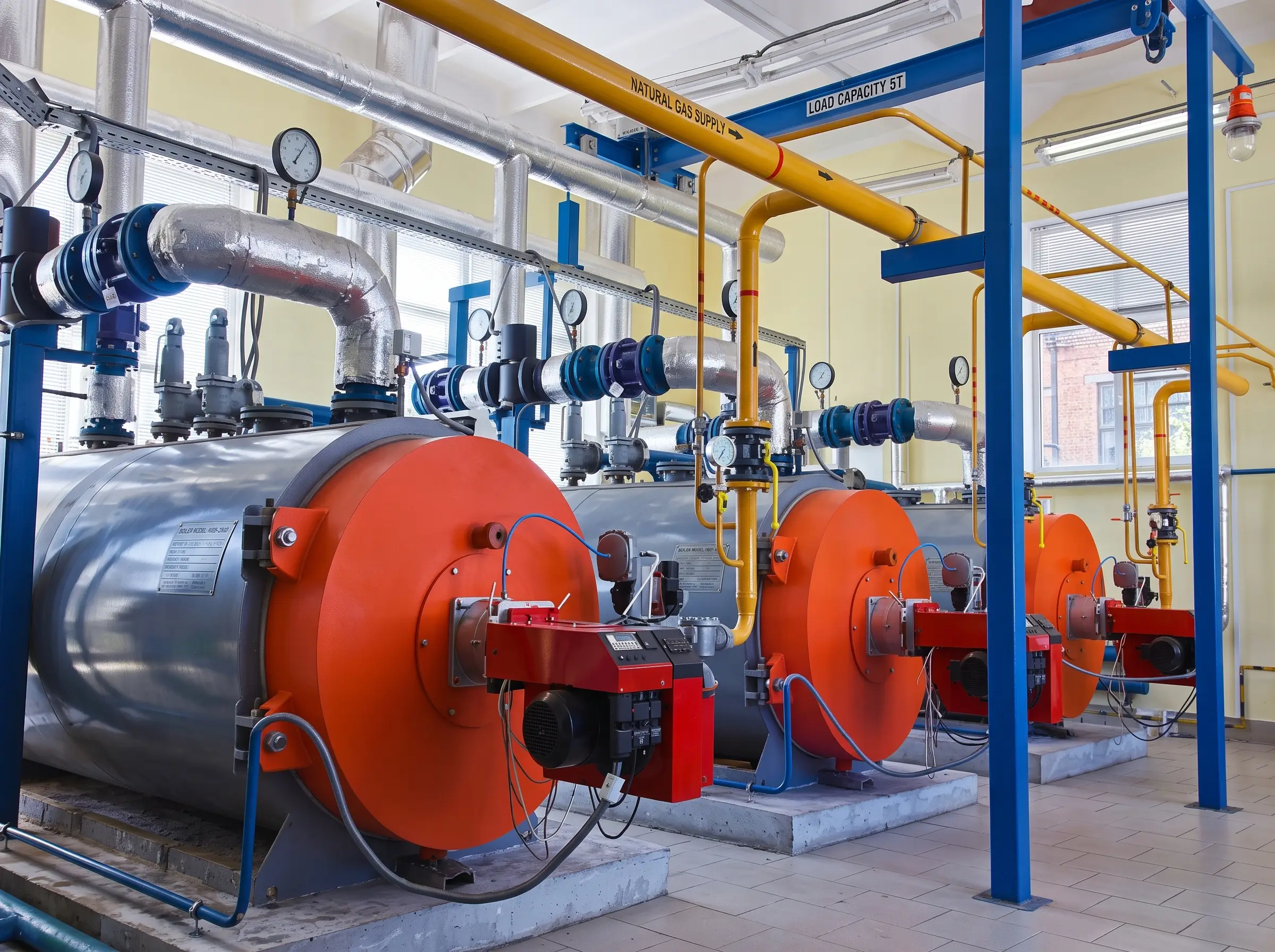 Industrial boilers in a plant room